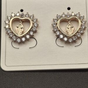 Gold Heart Halo Religious Stud Earrings with Cubic Zirconia